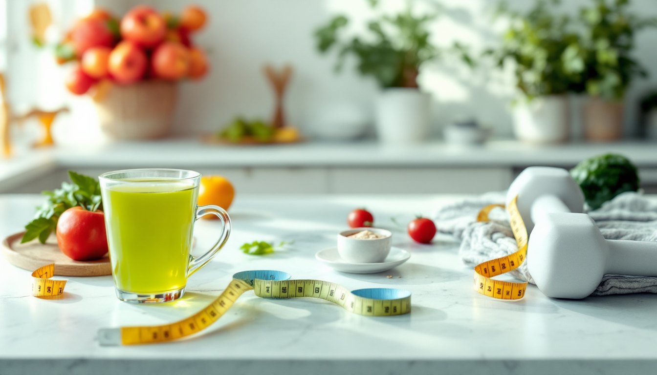 A bottle of SlimVitality metabolism supplement on a bright kitchen counter beside fresh herbs and green tea